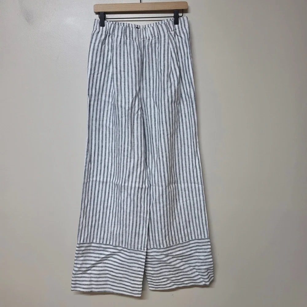 Reformation Green White Striped Linen Wide Leg Pants Elastic Waist Small